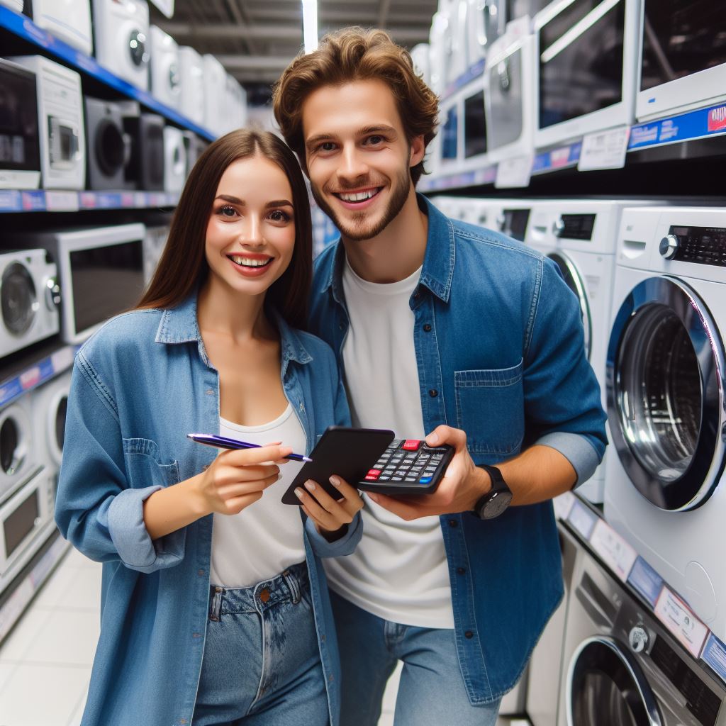 This image shows the young couple buying and calculating the appliances 