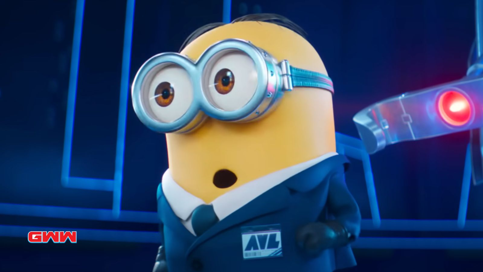 a minion in a suit and tie standing in front of a testing machine