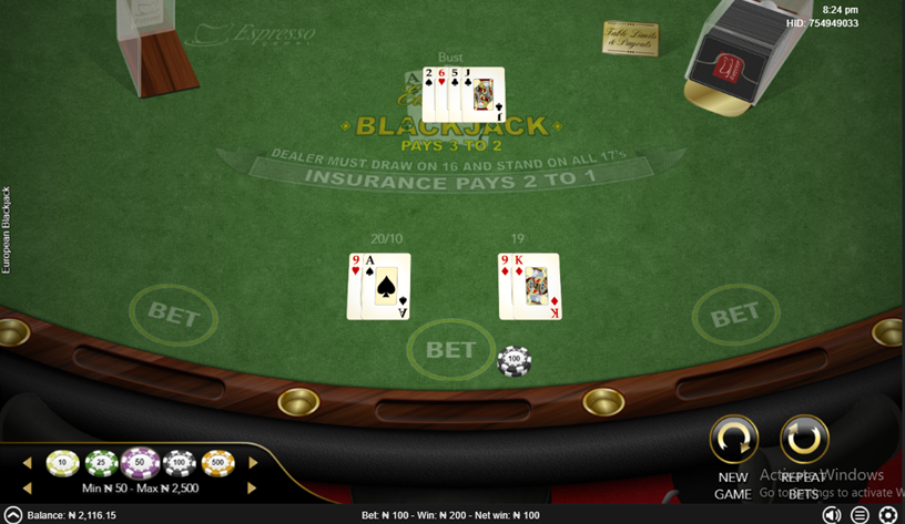 Blackjack casino game Bet9ja