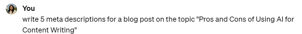 Image of ChatGPT Prompt for generating meta descriptions.