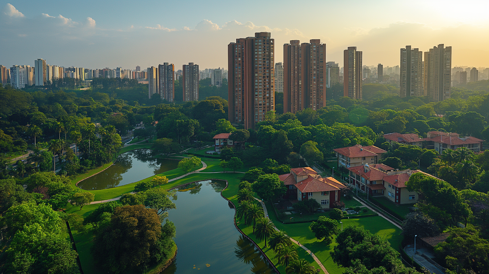 Aerial skyline of Itaim Bibi with skyscrapers and green areas in São Paulo