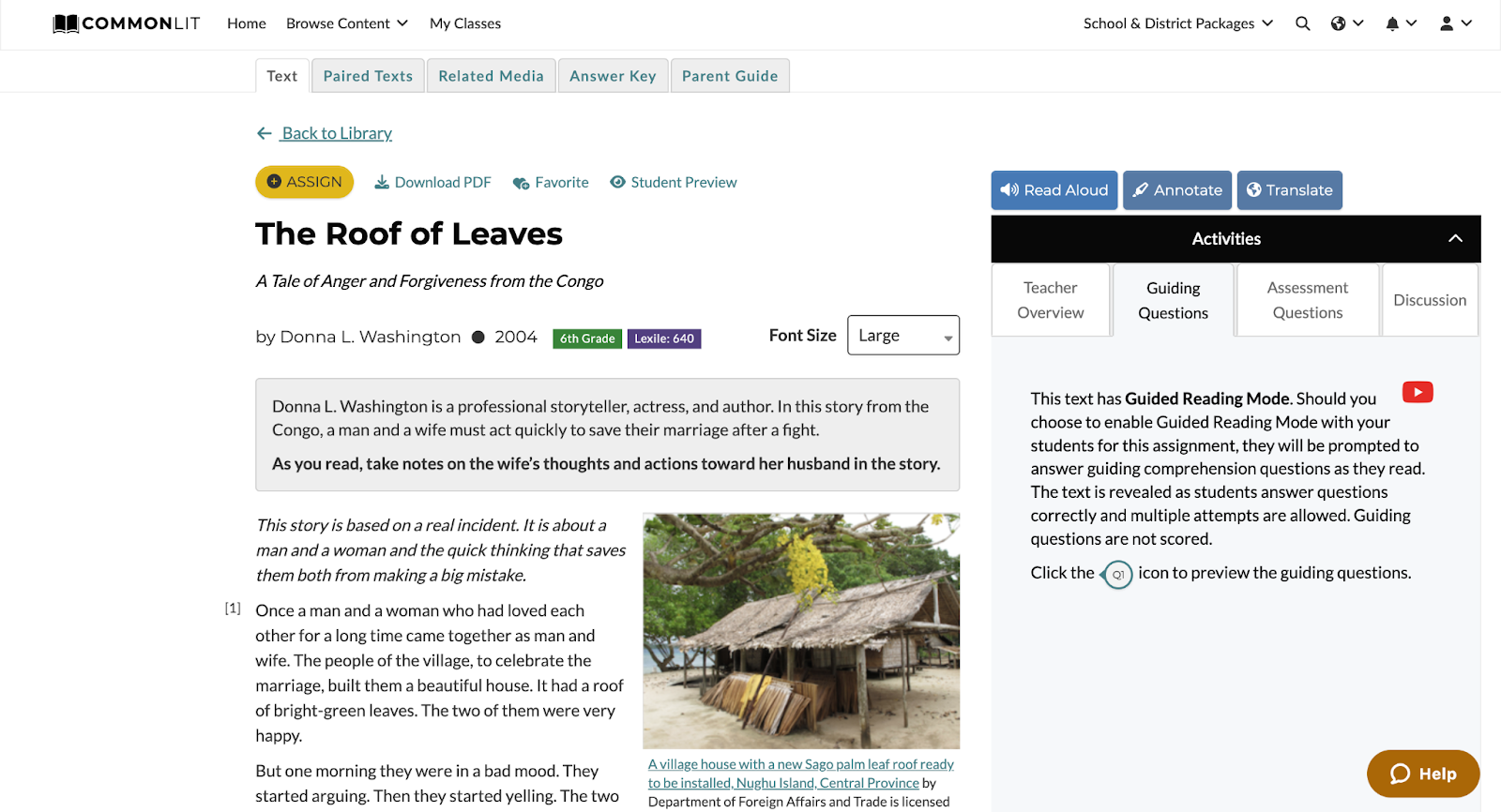 CommonLit lesson for “The Roof of Leaves” by Donna L. Washington with the Guided Questions tab highlight. This CommonLit text is a great example of folklore for middle school kids.  