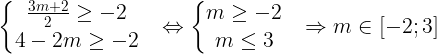 large left{begin{matrix} frac{3m+2}{2}geq- 2 & \ 4-2mgeq -2 & end{matrix}right.Leftrightarrow left{begin{matrix} mgeq -2 & \ mleq 3 & end{matrix}right.Rightarrow min [-2;3]