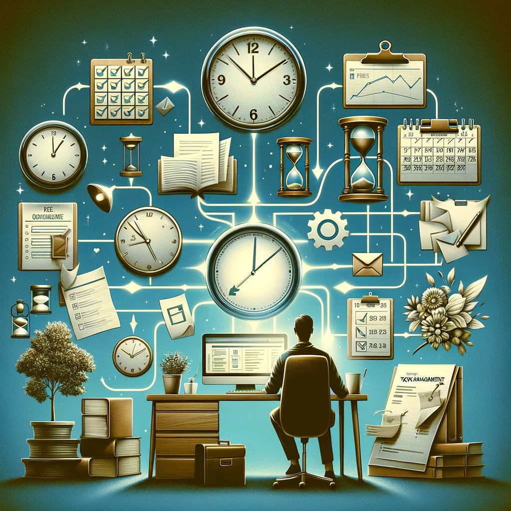 A busy businessman at his desk, surrounded by icons and a clock, managing his time and tasks efficiently.