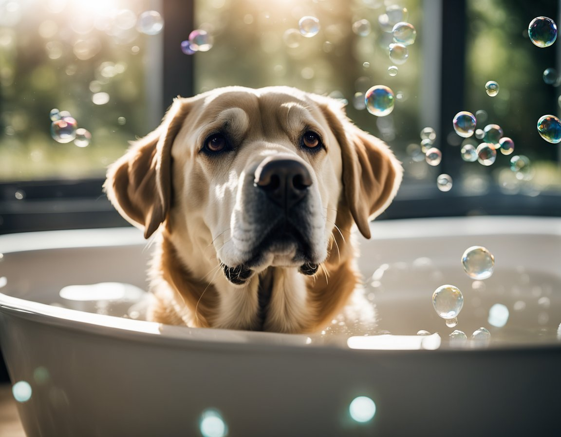 A yellow Labrador retriever inside a bathtub full of water surrounded with bubbles