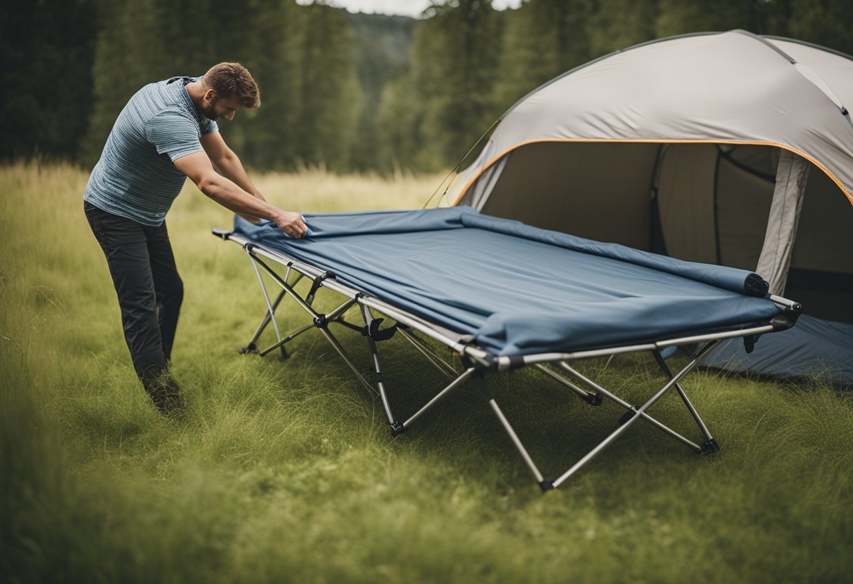 A camping cot is unfolded and set up in a grassy clearing. A person is maintaining the cot by tightening the fabric and securing the frame