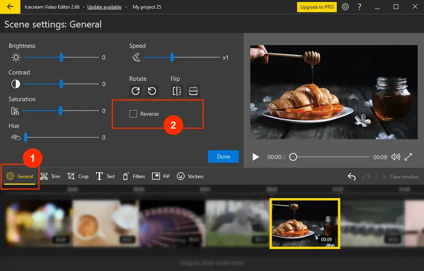 Alt=Icecream Video Editor screenshot with the Scene Settings General menu, the Reverse checkbox is highlighted in red