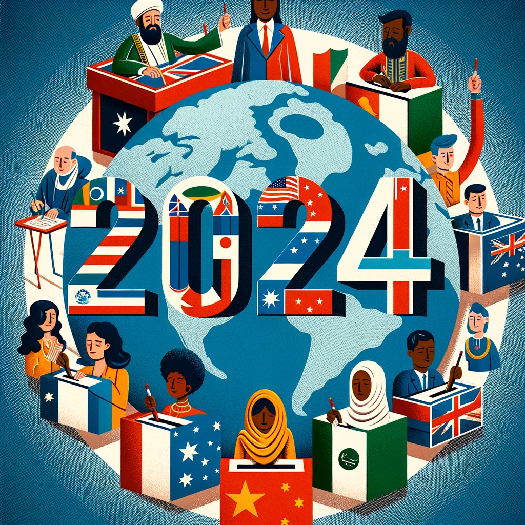 DALL·E 2024-01-06 08.52.10 - An artistic representation of the year 2024 as an electoral year around the world. The central focus is the number '2024', designed with elements of v.png