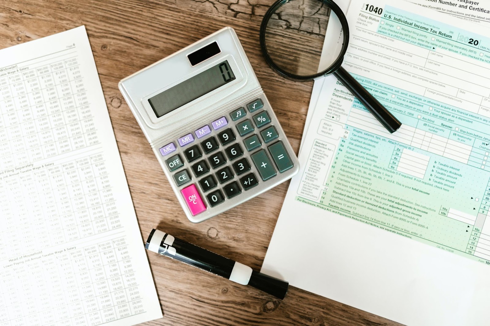 A calculator, a pen and some papers on a table