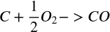 <math xmlns="http://www.w3.org/1998/Math/MathML" display="block" data-is-equatio="1" data-latex="C+\frac{1}{2}O_2-&gt;CO"><mi>C</mi><mo>+</mo><mfrac><mn>1</mn><mn>2</mn></mfrac><msub><mi>O</mi><mn>2</mn></msub><mo>−</mo><mo>&gt;</mo><mi>C</mi><mi>O</mi></math>