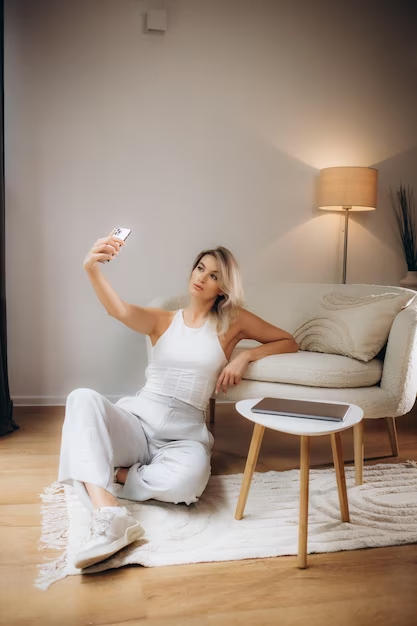 A Woman With Blond Hair Taking Selfie Dressed in White