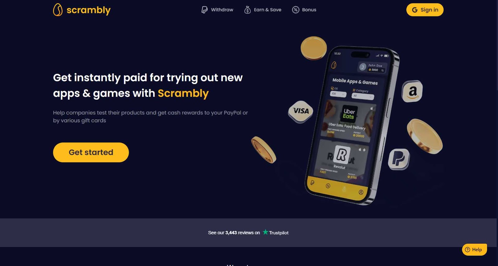 The Scrambly website inviting you to sign up and get paid for trying out games and apps. 