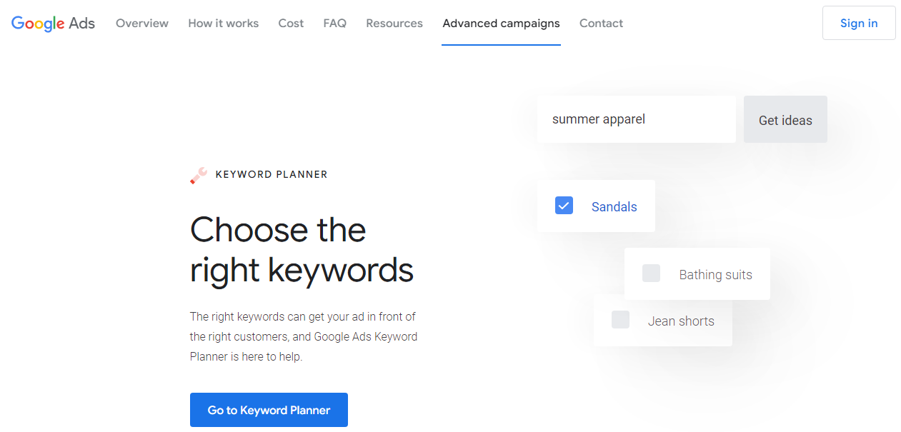 Screenshot of Google's Keyword Planner, displaying the top navigation menu, and sign-up form.