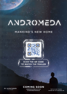 A QR Code flyer for an upcoming movie with a CTA inviting users to scan for the trailer 