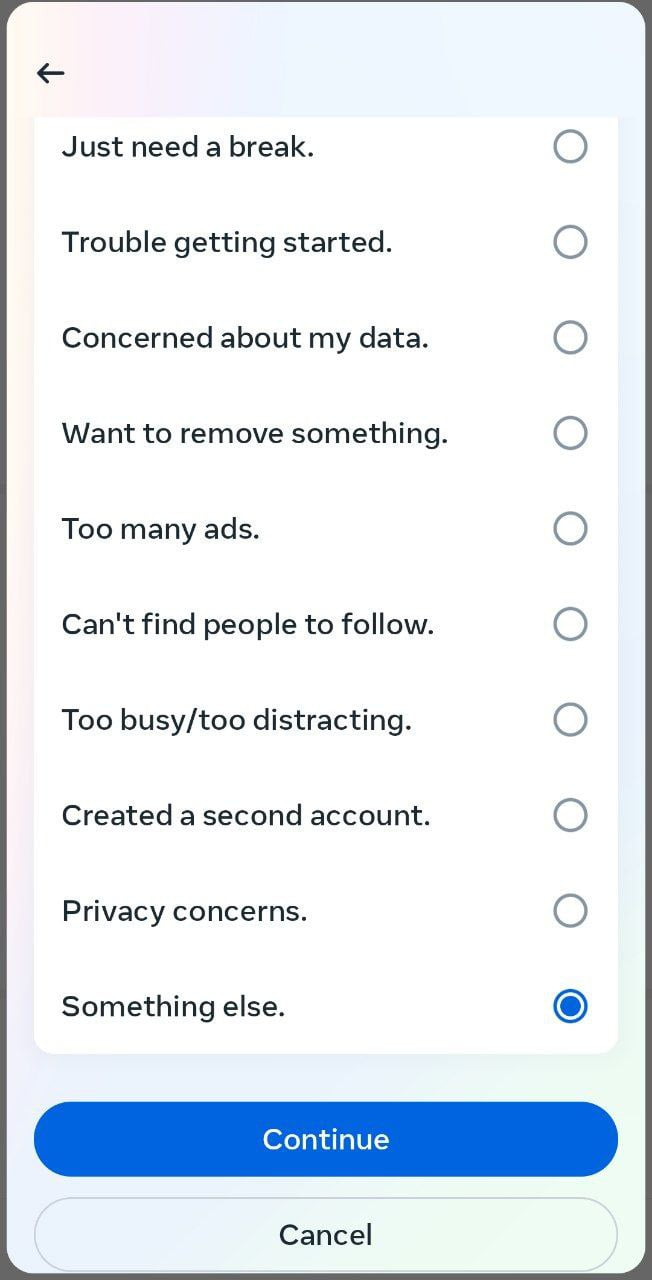 Picking a reason for deactivating Instagram account