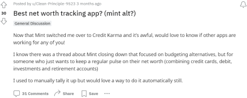 A former Mint user asking for recommendations for a net worth tracker on Reddit. 