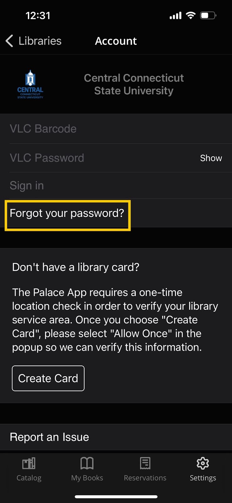 An image of the Forgot Your Password? link in the Account section of the Palace Project app.