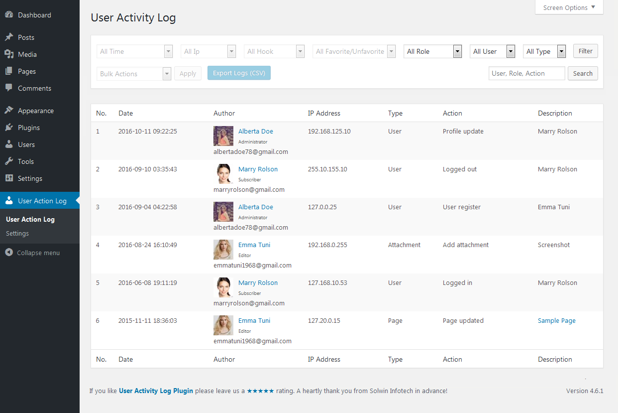 wordpress tracking plugin, User Activity Log: The image displays the User Activity Log, designed to track user activity on your website's admin side. With this plugin, you can monitor various activities, including WordPress core updates, post and page changes, media uploads, user logins, and more.