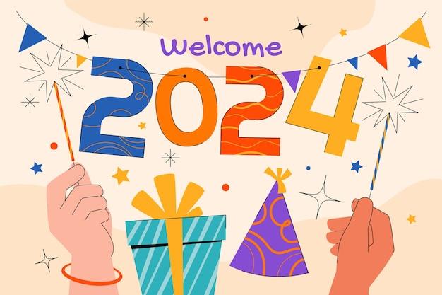 Free vector flat background for new year 2024 with hands holding sparklers and present