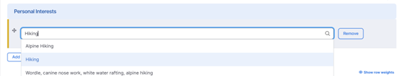 Personal Interests text field with Hiking typed into the textbox and also highlighted in the dropdown menu.