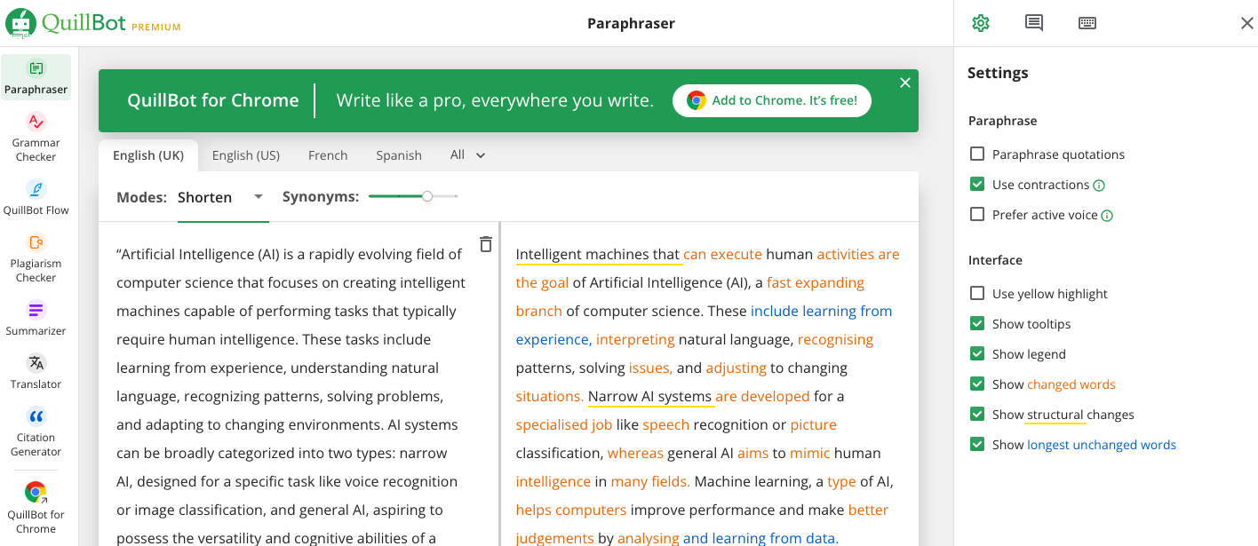 The Paraphraser Settings Tool