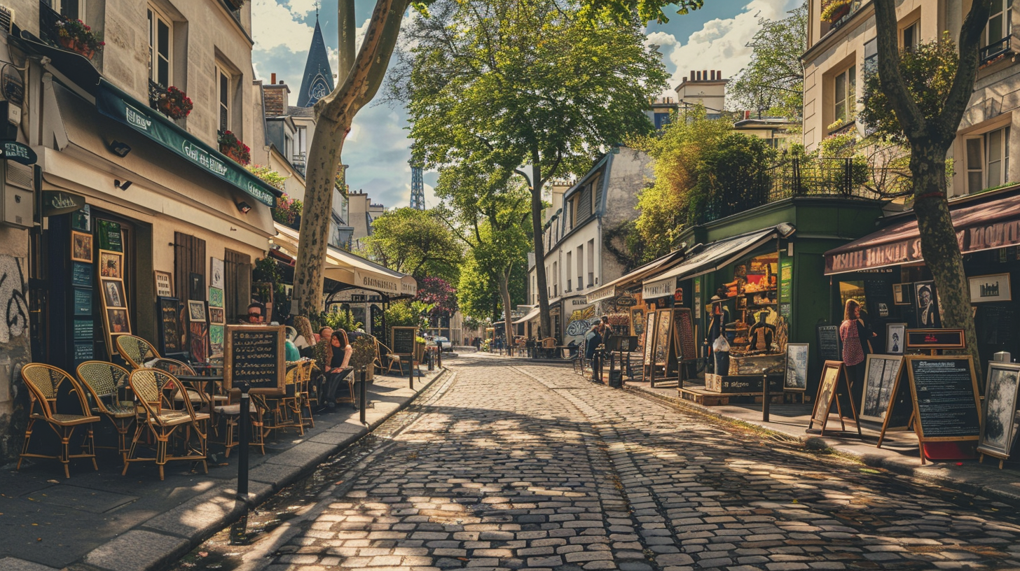 A cobblestone street in Montmartre, Paris, with galleries lined up on both sides