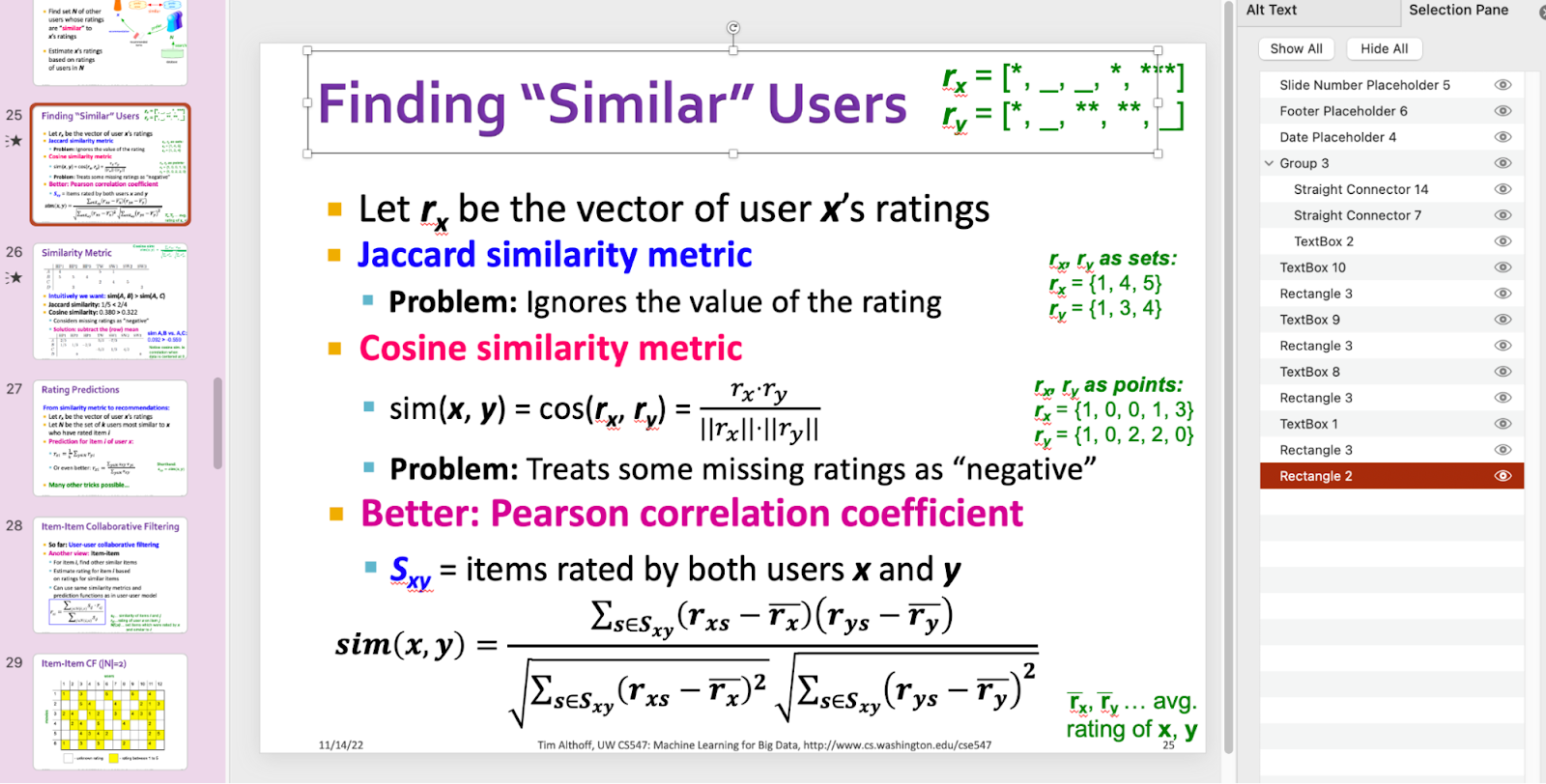This is a screenshot of a powerpoint slide and the selection pane. On the left, there is a powerpoint slide with a few formulas about "Jaccard Similarity Metric", "Cosine Similarity Metric", and "Pearson Correlation Coefficient". Next to each formula are some explanation that would be animated to display. On the right, the selection pane displays the reading orders of these elements on the powerpoint slide
