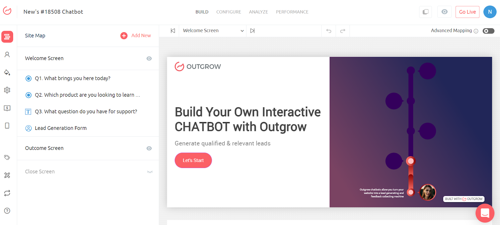 Build screen of Outgrow's chatbot