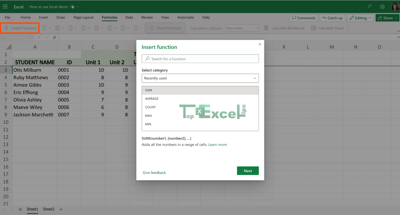 this image shows the Browsing Excel’s Function Library 