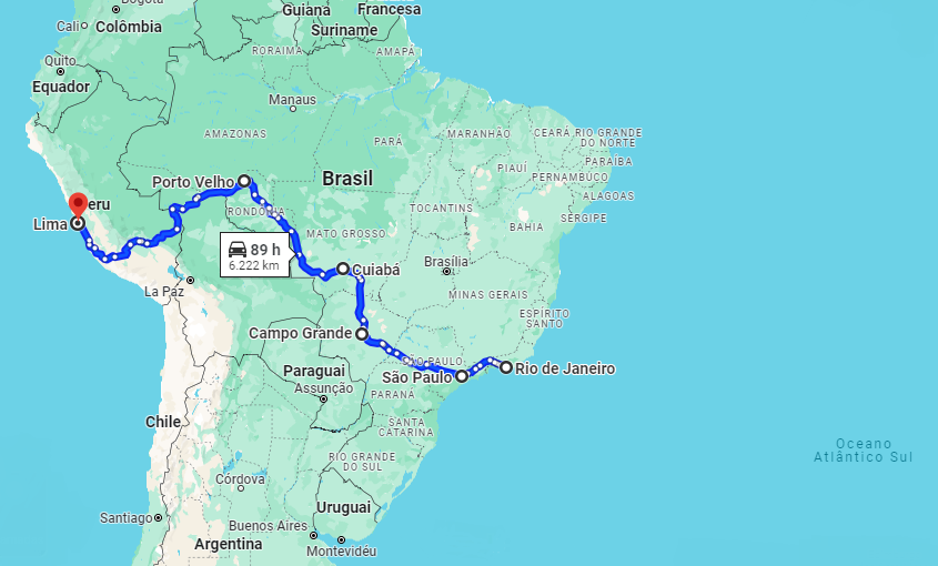 Mapa da América do Sul com a marcação da rota de ônibus saindo de São Paulo e indo até Lima, no Peru.