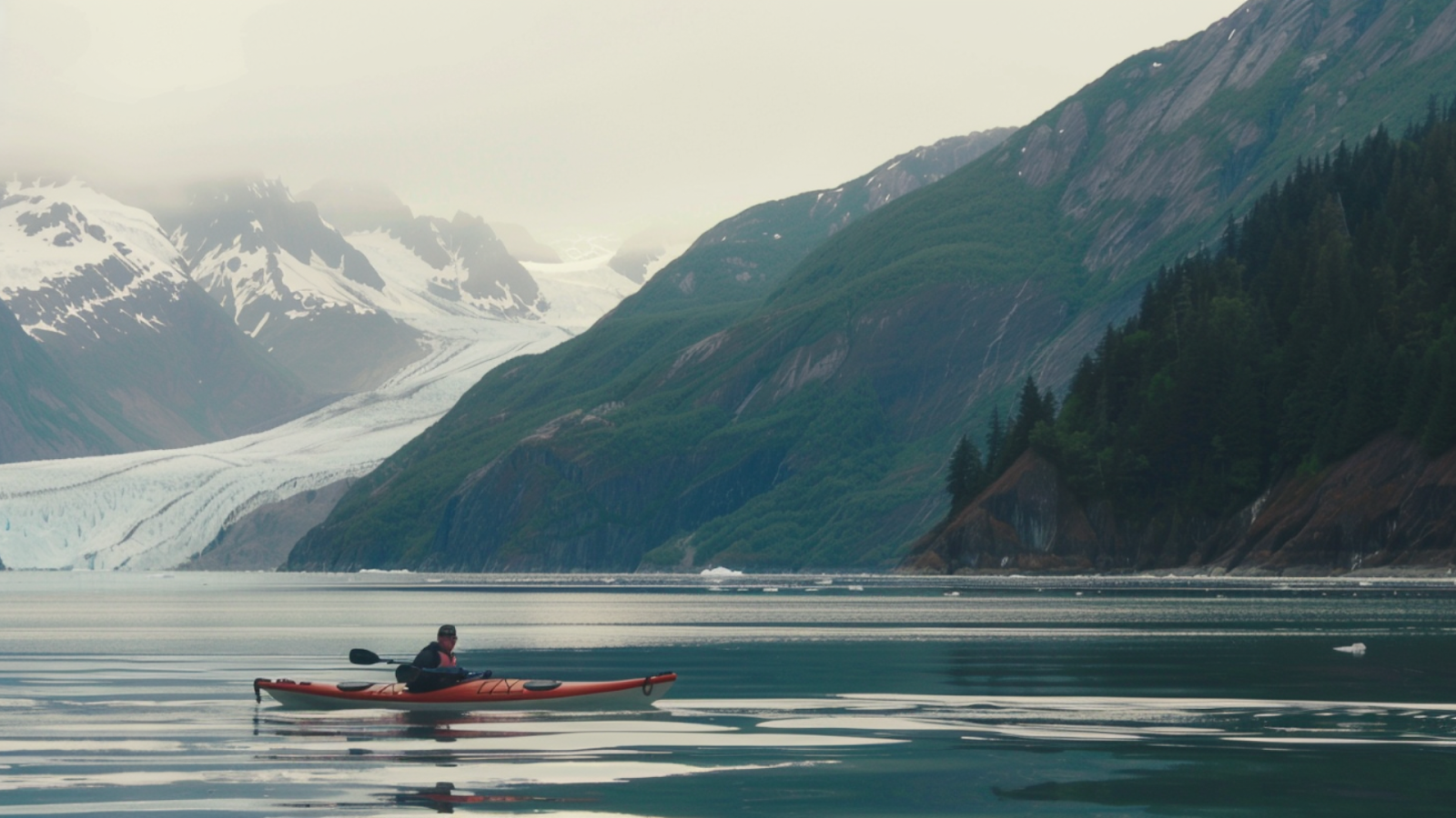A person kayaking along Fjords National Park in Alaska with glaciers in the background
