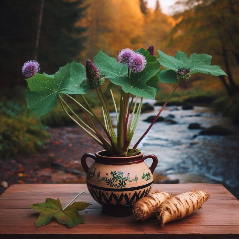 Burdock plant with large green leaves and purple flowers, displayed in a decorated ceramic pot on a wooden table beside fresh burdock roots, with a serene forest stream in the background during golden hour.