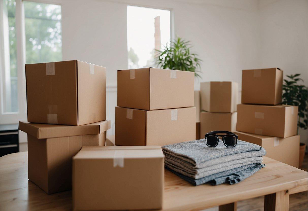 Moving boxes stacked in a new home, with open and empty boxes nearby. A map or GPS device sits on a table, indicating a long distance move