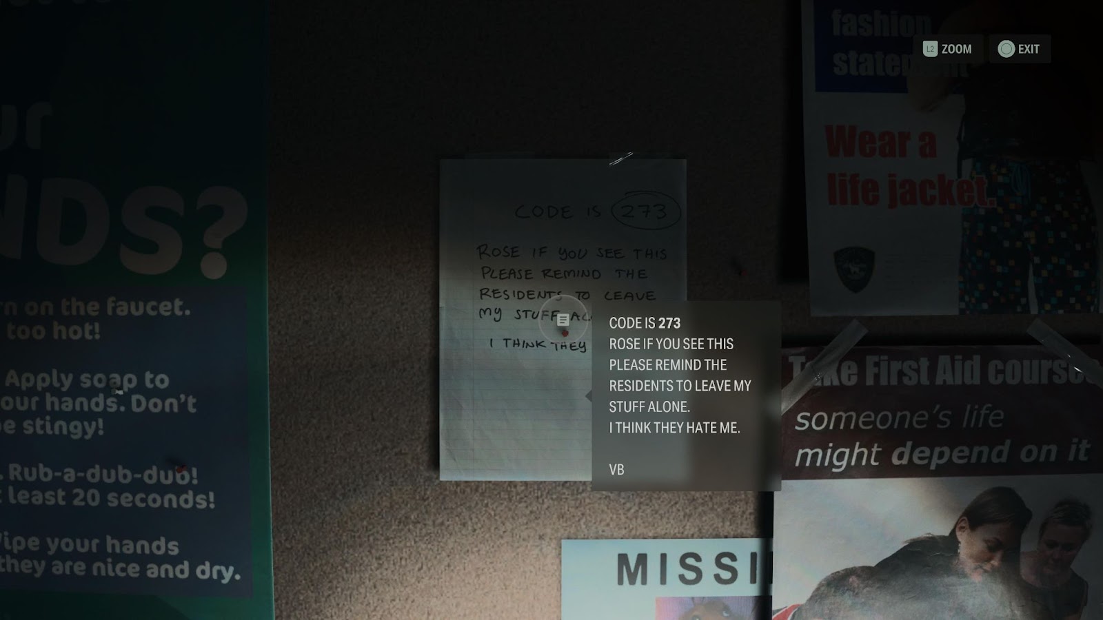 An in game screenshot of the Valhalla Nursing Home lockbox  code in Alan Wake 2. 