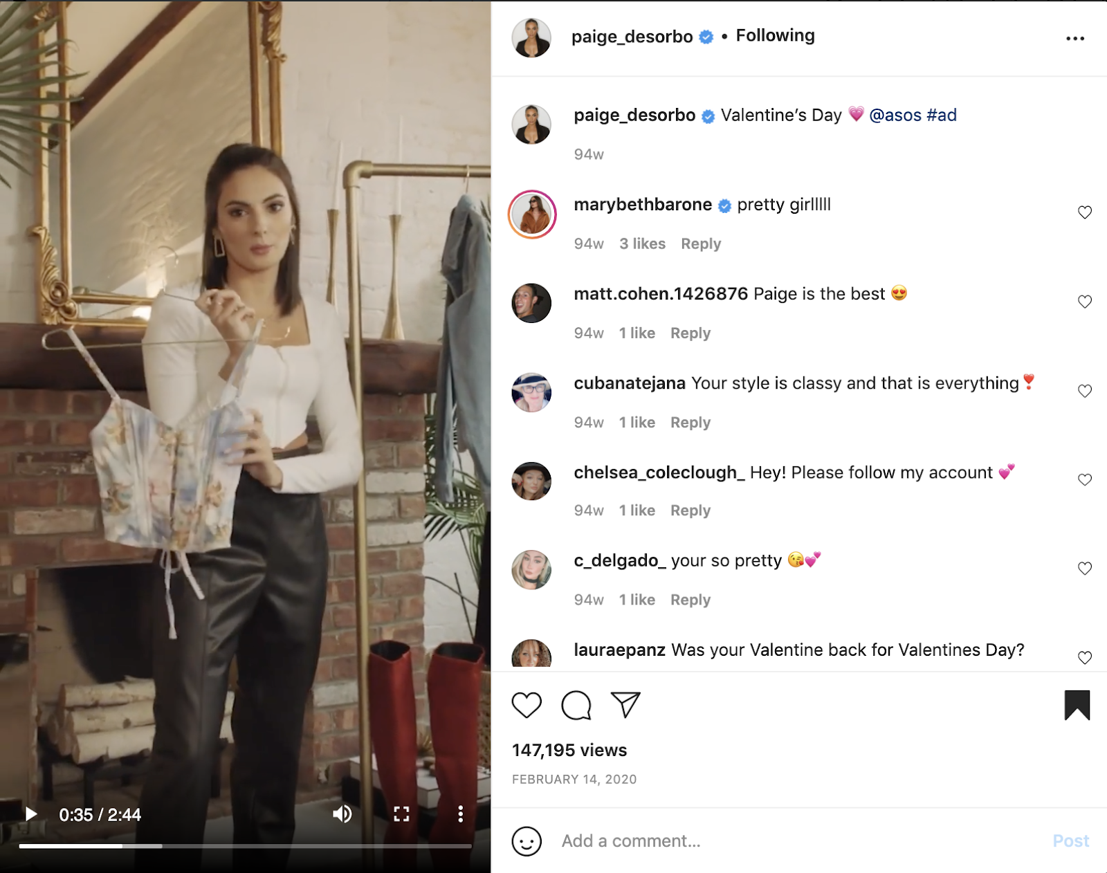 Screenshot of an Instagram reel featuring influencer holding up a top from her selecting date night looks for a Valentine's Day influencer marketing campaign with ASOS