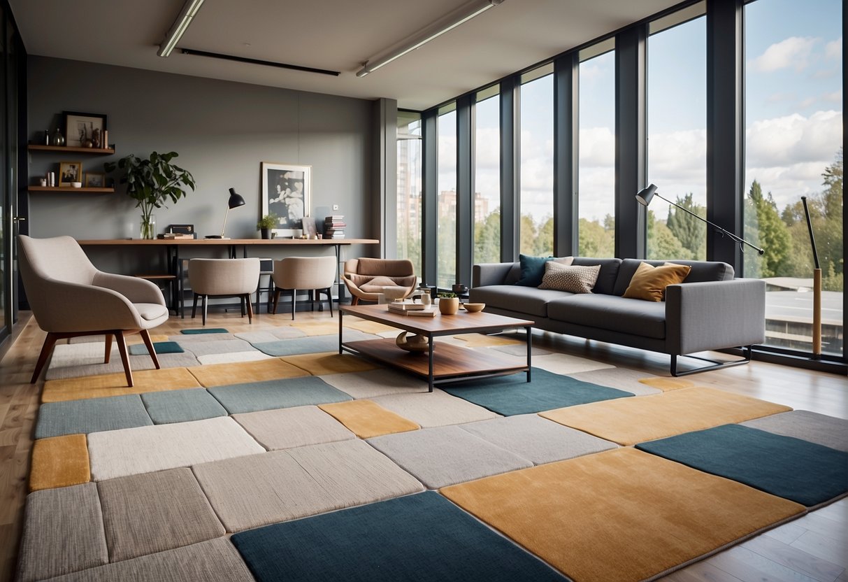 A room with modern furniture and large windows, featuring a mix of bold and neutral colored carpet tiles in various geometric patterns