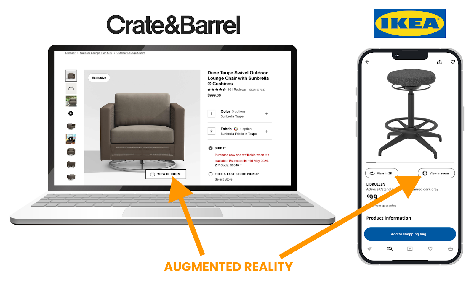 On the left a laptop showing the Crate&Barrel website on the product page of a sofa. Over the image of the sofa there is a button to view it in Augmented Reality. On the right a smartphone showing the IKEA native app on the product page of a stool. In the UI there is a button to view it in AR. In foreground there is a label "Augmented Reality" with two arrows pointing to the two buttons to view the products in Augmented Reality.