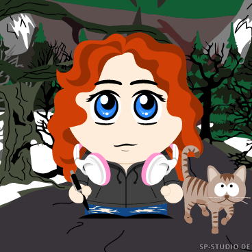 Long red-haired avatar with headphones and cat
