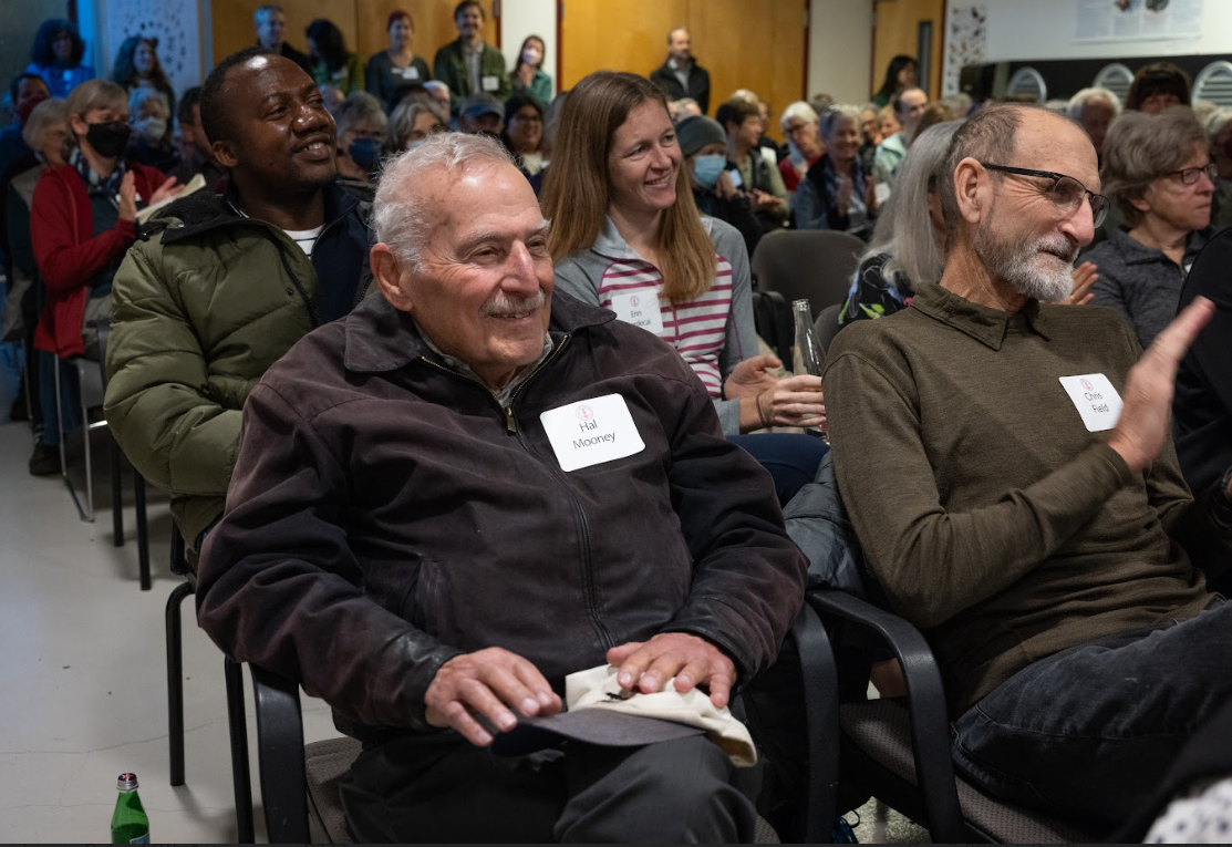 Shown in this photo are four professors, who have each used Jasper Ridge for their research and teaching: Barnabas Daru, Erin Mordecai, Chris Field, and Hal Mooney