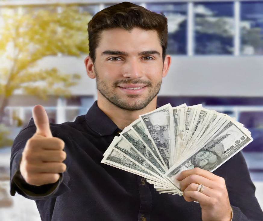 A person holding money and giving a thumbs up Description automatically generated