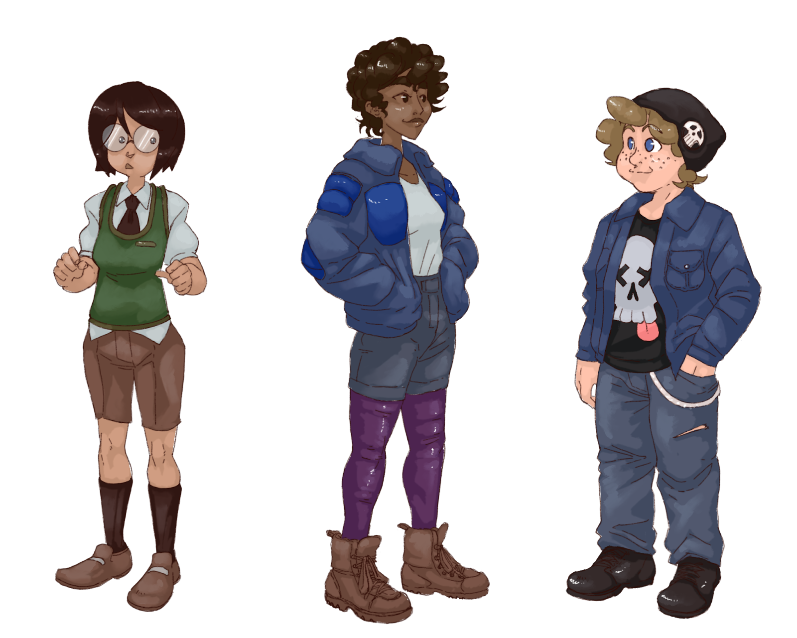 Three children. The first is a young girl with wide glasses and a spacey expression and short, dark hair. The second is the tallest, with a puffy jacket, curly brown hair, and dark skin and eyes. The last is the shortest, with pale skin, freckles, and a vaguely punk aesthetic.