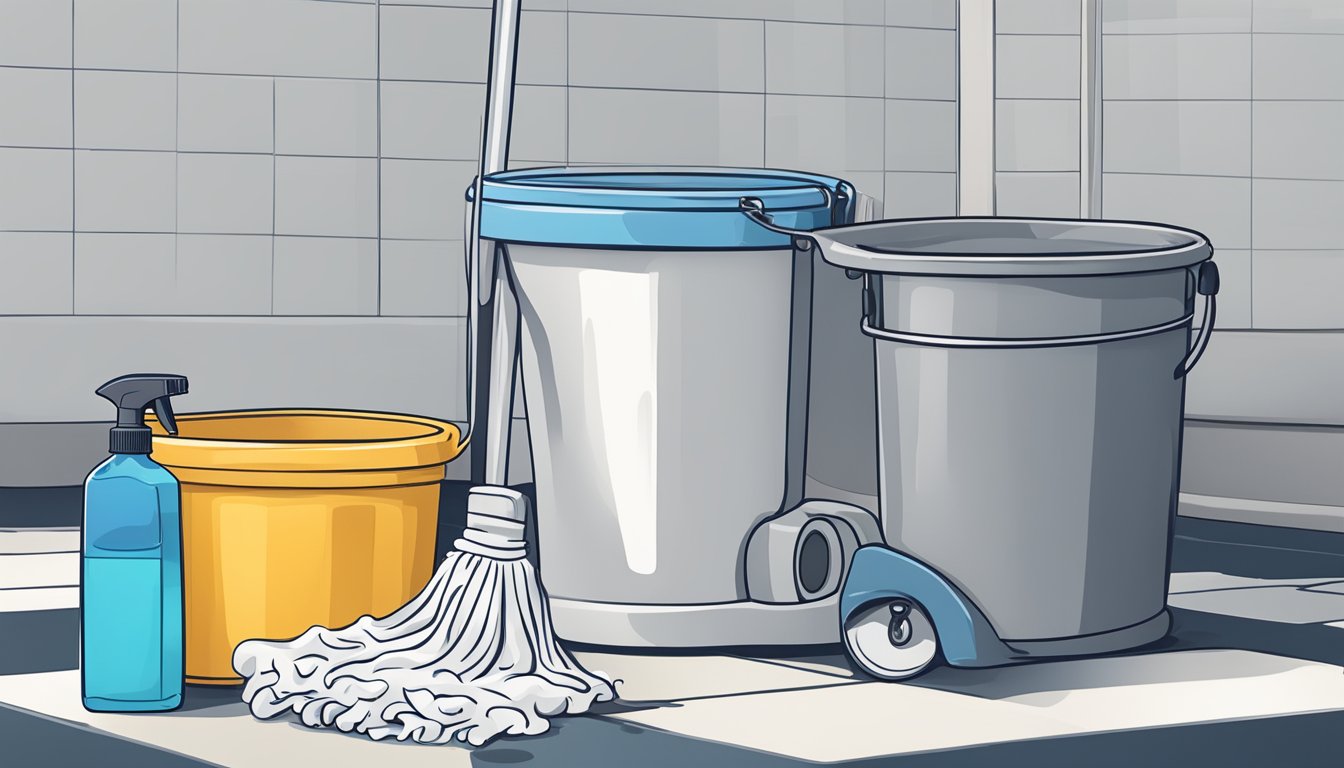 Um esfregão e um balde cheios de água com sabão estão ao lado de uma pilha de panos limpos.Um frasco de limpador de piso de vinil está aberto, pronto para ser usado