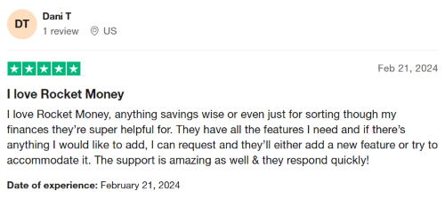 A 5-star review from a Rocket Money user who says it has all the features they need and great support. 