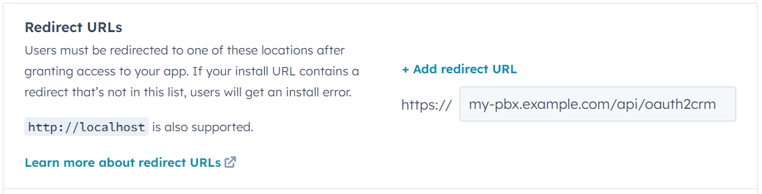 В поле Redirect URL введите URL, используемый для доступа к интерфейсу управления 3CX, добавив в конце "/api/oauth2crm".