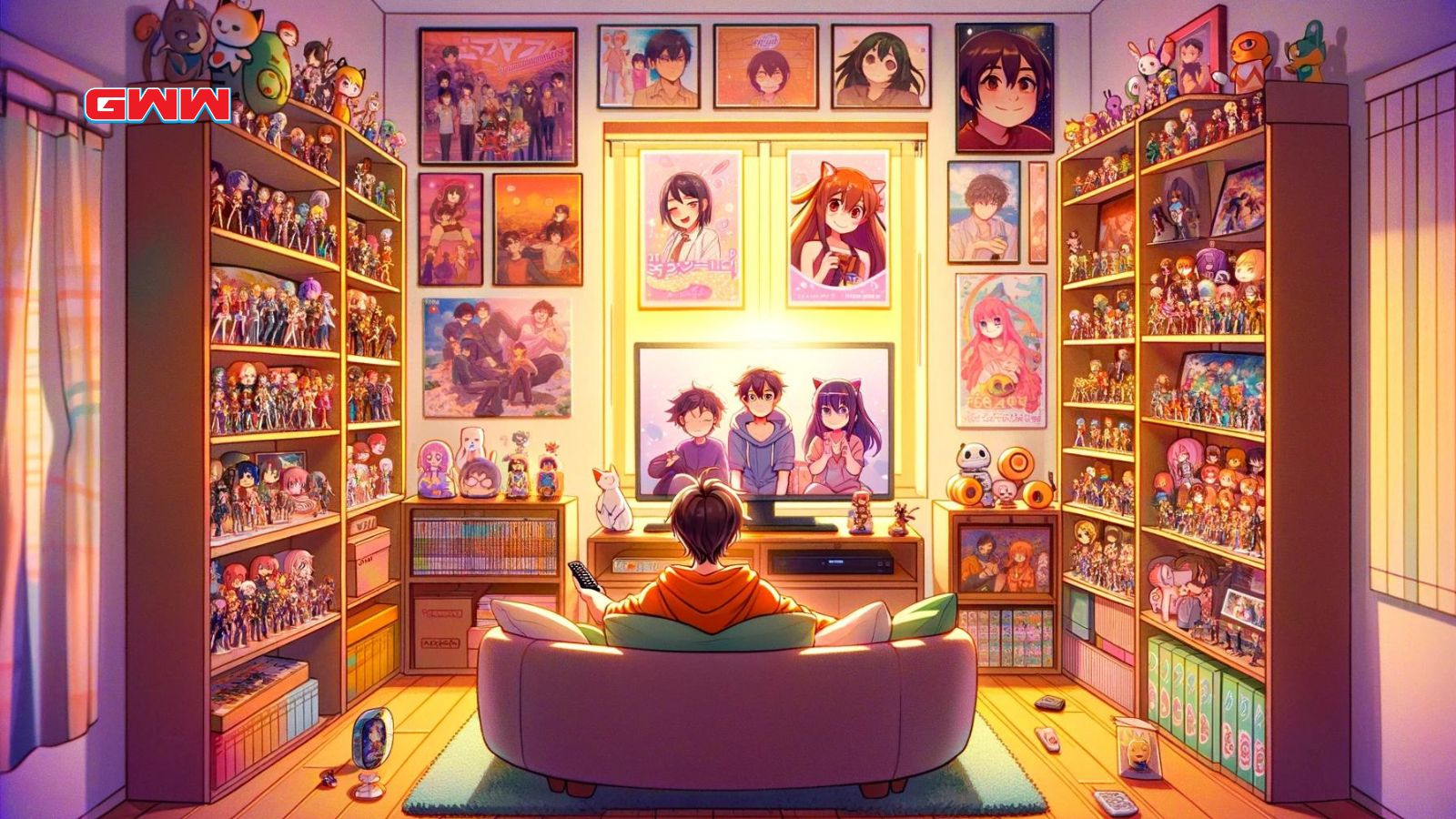 Person enjoying anime surrounded by merchandise