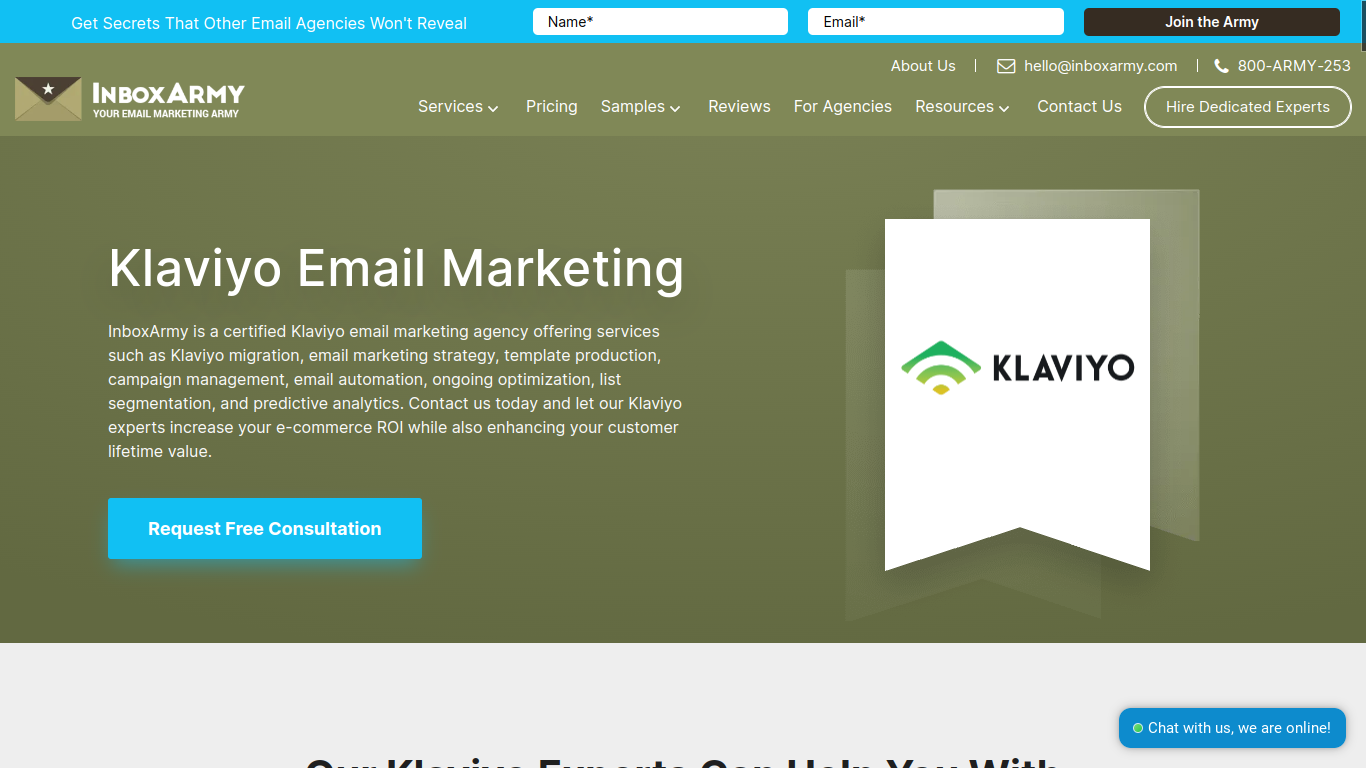 Screenshot of Klaviyo email marketing landing page