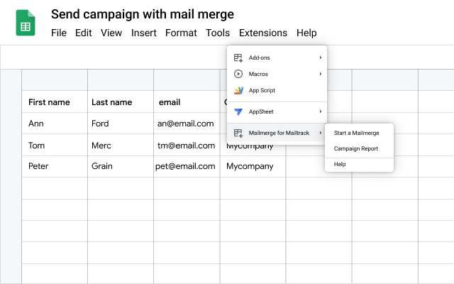Navigate to Extensions>Mail Merge for Mailtrack>Start a Mailmerge