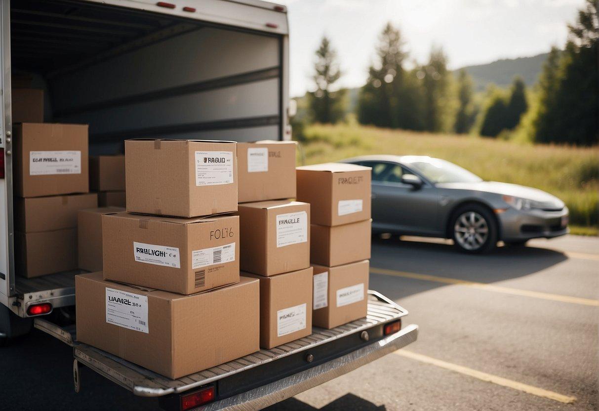 Boxes labeled "fragile" and "kitchen" are stacked in a moving truck. A map with a highlighted route sits on the dashboard