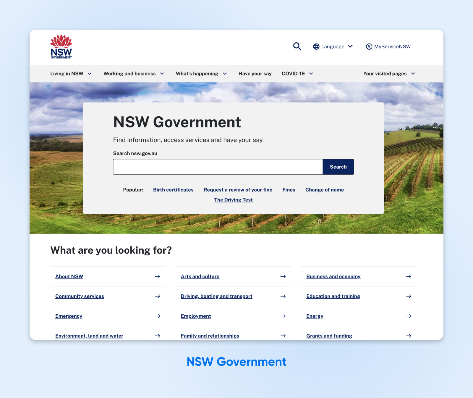 Sitio web del gobierno de Nueva Gales del Sur con una barra de búsqueda al frente y en el centro y un mensaje "¿Qué estás buscando?" sección siguiente con enlaces.