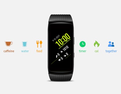 Galaxy Fit2 Pro displaying the time behind a row of activity trackers